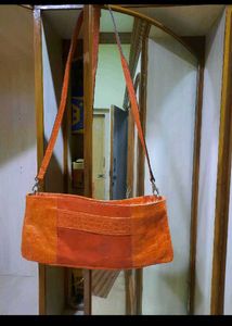 Orange Croc Embossed Shoulder Bag