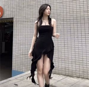 Ruffle tube Chic Black Asymmetrical Dress