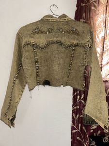 Embroidered Cropped Denim Jacket (Size S)