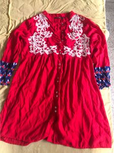 Printed Red Kurta Top With Work And Buttons