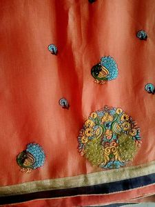 Peach Saree with Peacock Design