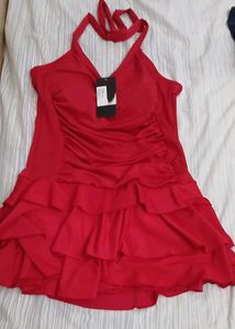 Red Ruffled Halter Swim Dress - XL Size