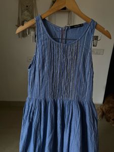 GOA PARIS Blue Linen Cotton Fit&amp;Flare MAXI