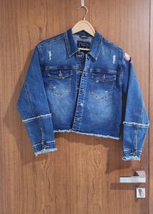 Dark Blue Denim Jacket With Floral Back