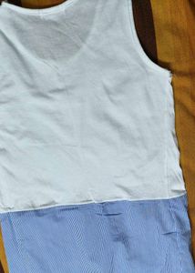 Canmart Women White Blue Striped Cotton Tank Top