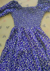 Blue Floral Print Smocked Dress