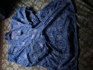 Blue Floral Print Long Sleeve Short Kurti