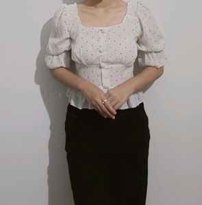 White Polka Dot Korean Top