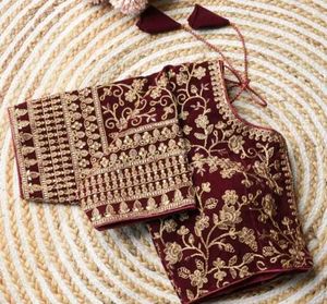 Maroon & Gold Embroidered Velvet  Blouse