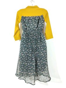Dark Green Floral Printed Collar Neck Dress