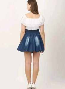 Women Fit And Flare Mini Length White &amp; Blue Dress