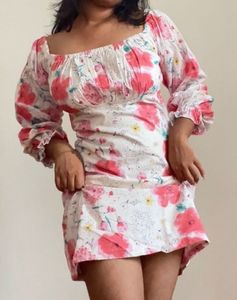 White Pink Floral Bodycon Dress Off Shoulder