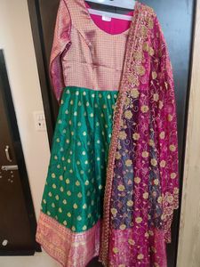 Pink And Green Pure Benarasi Frock With Dupatta