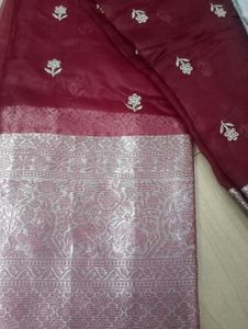 Heavy Party Wear Maroon &amp; Silver Organza Saree