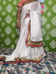 Elegant White Saree With Ready Paded Long Blouse
