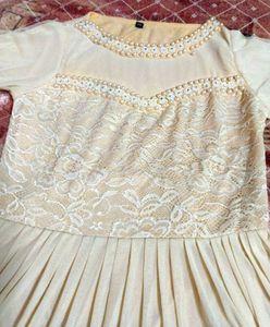 Elegant Cream Anarkali Gown Pearl Net Dupatta