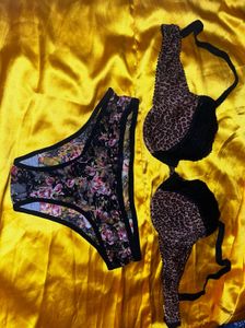 Black net panty with animal print soft padded bra