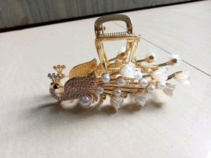 Peacock Golden With Pearl Beads Metal Hair Claw