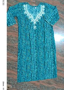 Teal Bandhani Kurti with Embroidery Size Xl