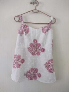 White Motif Print Strappy Short Kurti