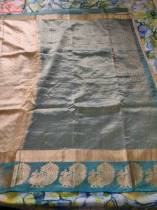 Cream And Blue Pure Silk Saree