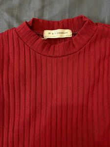 Red Ribbed Long Sleeve Top