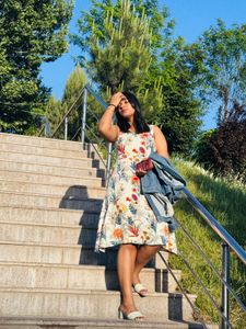 White floral mid dress with blue essence