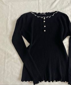 Black Ruffle Trim Long Sleeve Top