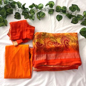 Orange Saree, Blouse & Petticoat Set (Women)
