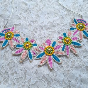 Blue Pink Beaded Floral Necklace Set