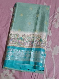 Silk Silver Zari Saree - Turquoise & White