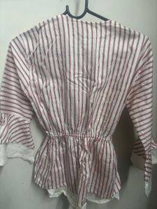 Red &amp; White Striped Peplum Tie-Front Blouse