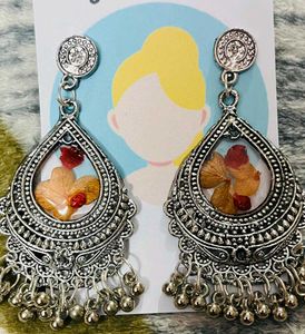 Silver Jhumka Earrings with Real Flower Inlay