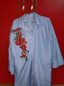 Blue Striped Shirt With Flowers