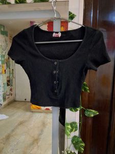 Black Ribbed Button Crop Top