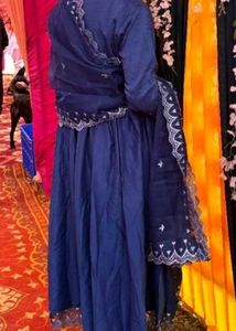 Blue v-neck embroidered Kurti Trouser Dupatta Set