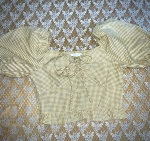 Gingham Puff Sleeve Tie-Front Crop Top