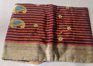 Striking Orange and Black Striped Silk Saree