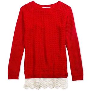 Red Knit Sweater with Lace Detail