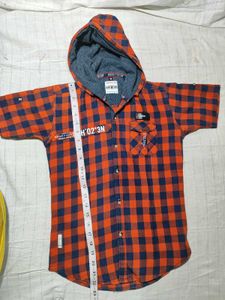 Orange & Navy Plaid Hooded Shirt