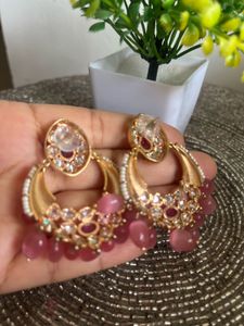 Pink Kundan Chandbali Earrings