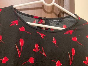 Black MIDI CHEMISTRY Dress With Vibrant Red Flower