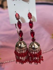 Red Silver Jhumka Earrings