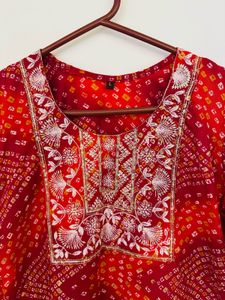Red Bandhani Kurti with White Embroidery