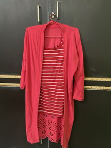 Red Cardigan & Striped Tank Set