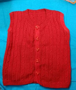 Handmade Red Knitted Vest with Cute Bear Butto