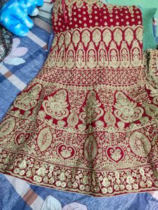 Fish Cut Bridal Red Velvet Lahenga