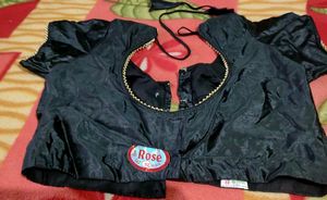Shiny Black Blouse With Golden Moti Piping