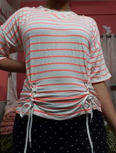 Whit And Neon Pink Stripes Casual Top With Cute Tie-up Laces. Cute Drop Shoulder Style