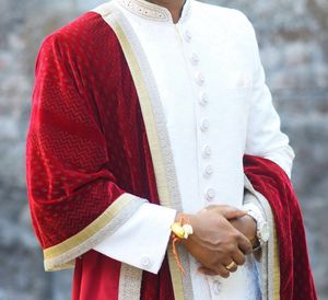 Mens White Sherwani With Red Velvet Dhoti